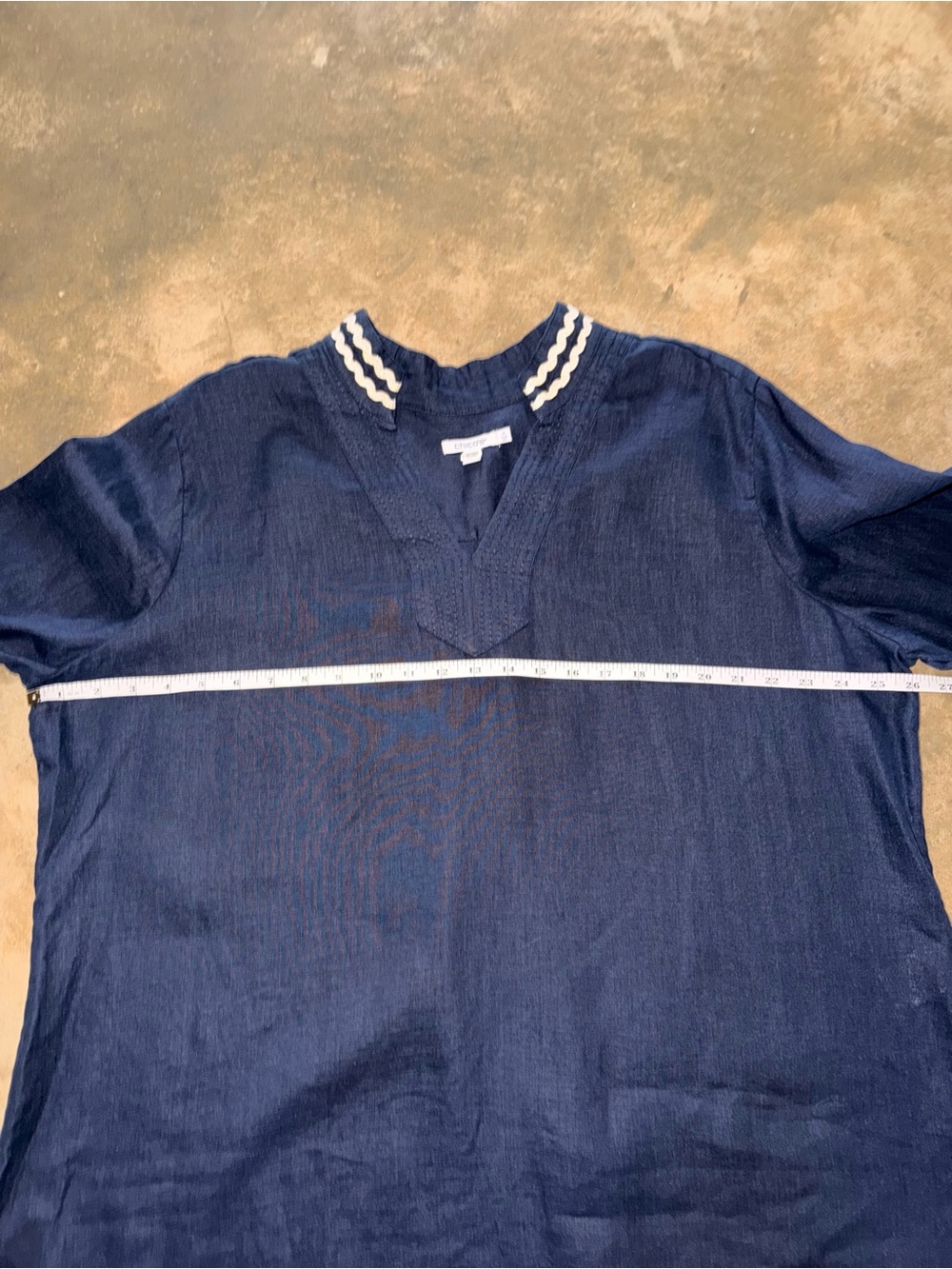 Chico’s Size 4 XL XXL 100% Linen Navy Tunic Metallic Trim Top - Picture 8 of 9